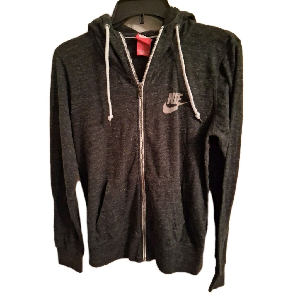 Nike Sports Gym Vintage Full Zip Hoodie Jacket Heathered Black Medium